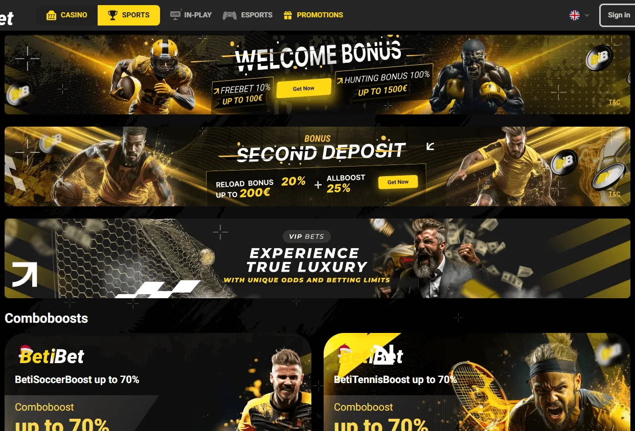Betibet Casino desktop promotions area with cashback and deposit offers