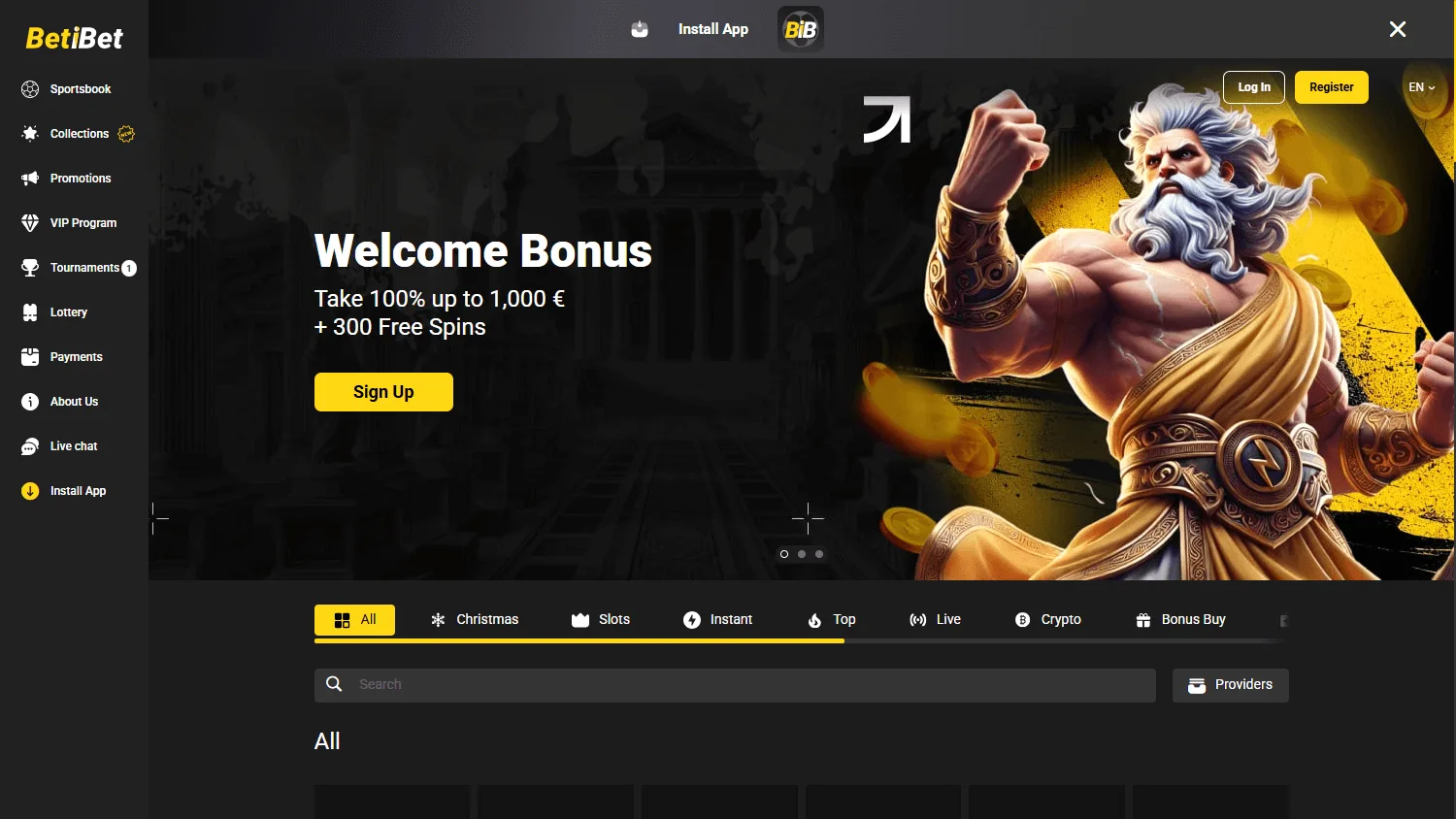 Betibet Casino desktop game selection with slots and casino categories
