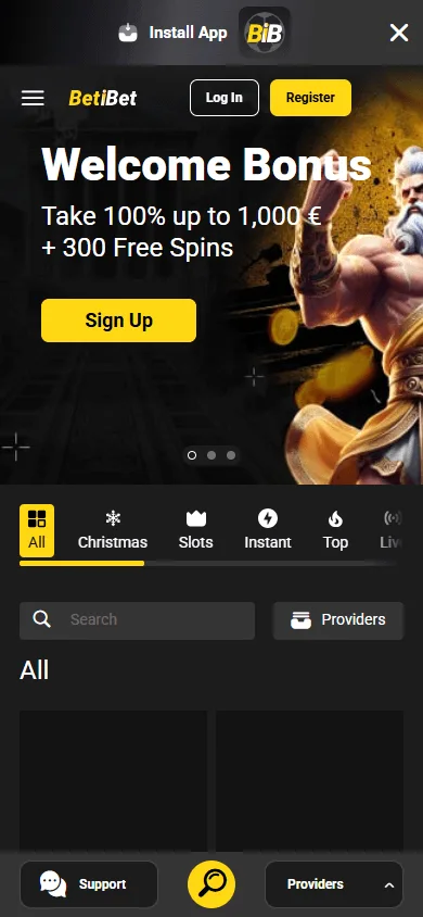 Betibet Casino mobile game selection with slots and casino games