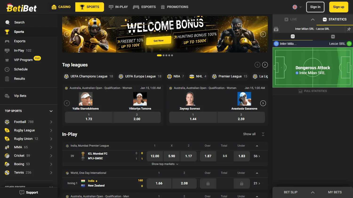 Betibet Casino desktop home screen with casino offer and account features